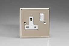Varilight 1 Gang 13 Amp Switched Electrical Plug Socket Satin Chrome White Insert XN4W