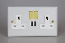 Varilight 2-Gang 13A Single Pole Switched Socket inc Brass Rockers + USB Charge Ports in Matt White