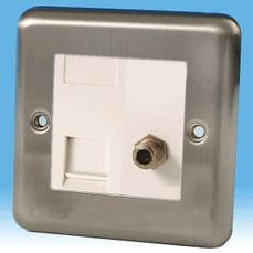 Varilight 2 Gang Datagrid Plate Matt Chrome + RJ45 Cat 5e Module + Co-aXSal TV Socket XSG2+Z2GRJ