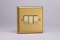 Varilight 3 Gang 10A 1 or 2 Way Rocker Switch in Brushed Brass w/ decorative inserts