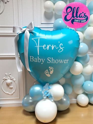 20" Personalised Baby Blue Foil Heart Balloon airfilled on a balloon base
