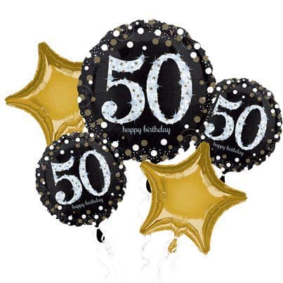 50th Birthday Gold Sparkling  Helium Balloon Bouquet