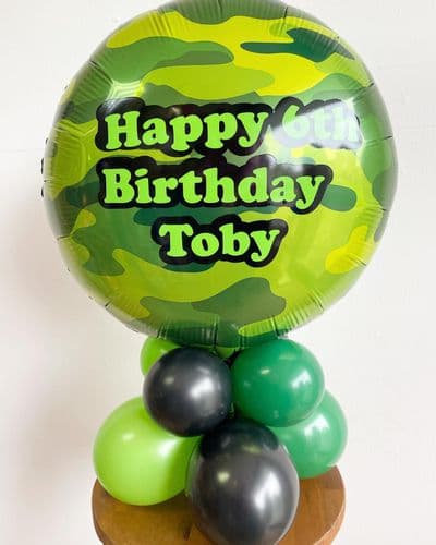 Personalised Army Print Balloon airfilled on a balloon base