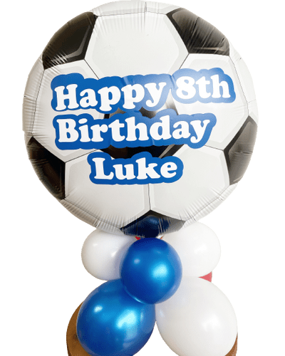 Personalised Football Blue Print Balloon airfilled on a balloon base