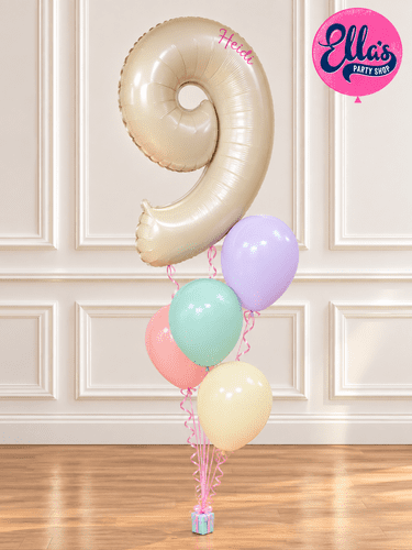 Supershape Number balloon plus 4 x Plain latex helium filled on a weight