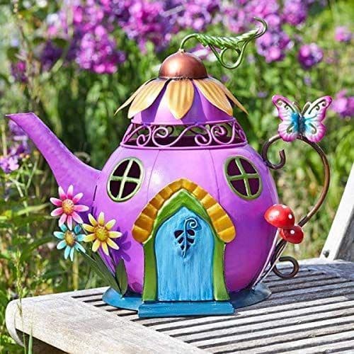 Colourful Metal Fairy House - The Pink Teapot House.