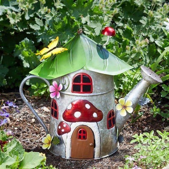 Colourful Metal Fairy House - The Watering Can Cottage.