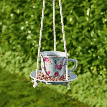 Blue Ceramic Tea Cup Bird Feeder
