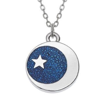 Blue Enamel Silver Moon Necklace - 18" Chain