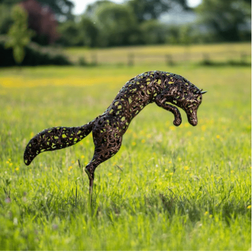 Bronze Leaping Fox Garden Sculpture - 100cm.