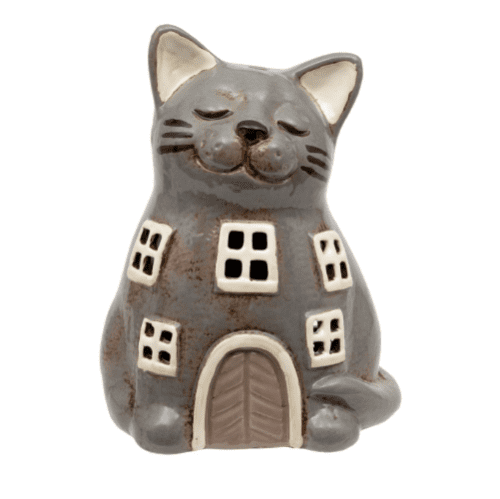 Ceramic - Fairy House Cat Tea Light Holder - 19cm.