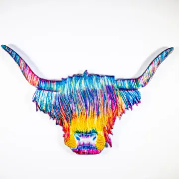 Fair Trade - Rainbow Highland Cow  wall plaque - 100% Recycled Metal