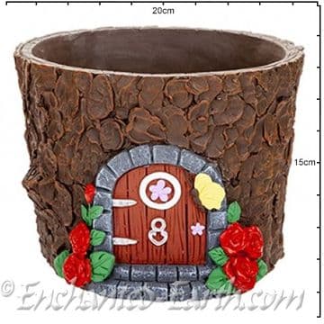 Fairy house Log planter - Brown Door & Roses - 20cm