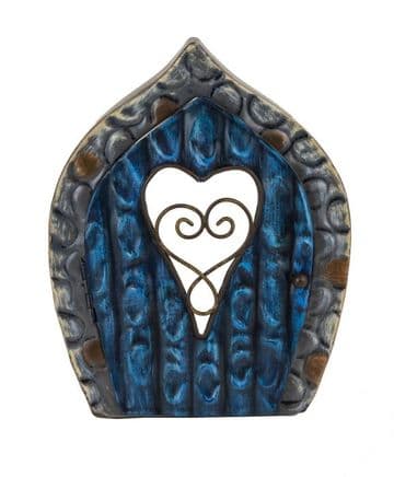 Fairy Kingdom Opening Metal Fairy Door - Blue door with Heart