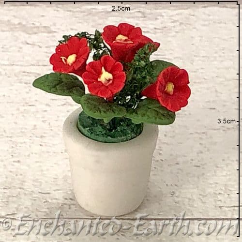 Gardeners World Handmade Miniatures - White Terracotta Pot  with Deep Red Flowers - 3cm.