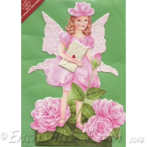Glitter Wing Fairy Greeting Card - Pink Rose Fairy.