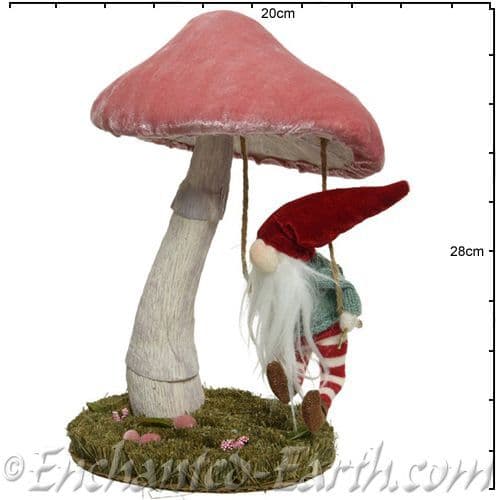 Large Magical Pink Forest Mushroom with Santa Gnome swinging - 32cm.