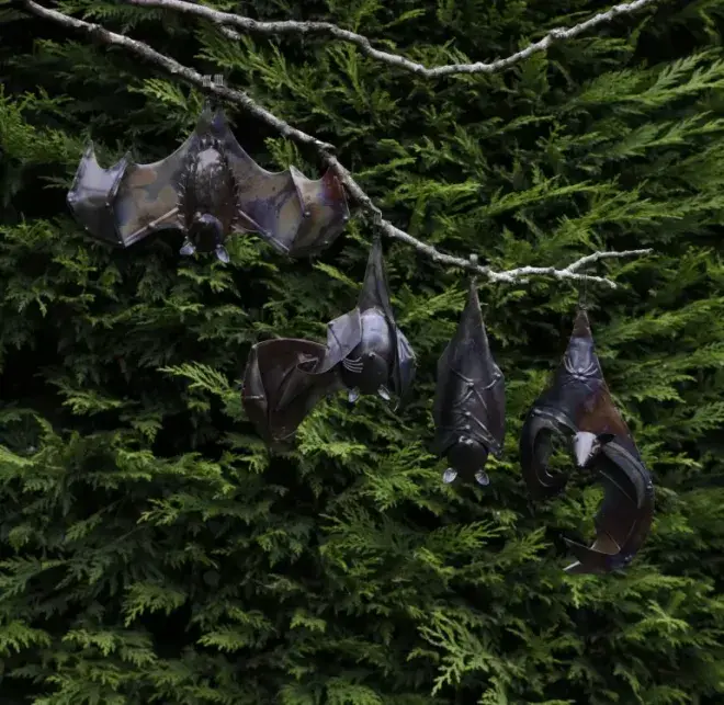 Hanging Bat with Open Wing - made form 100% Recycled Metal - 3 sizes to choose from.