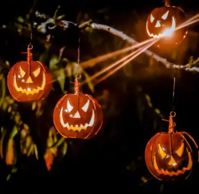 Hanging Jack O Lantern Tea - Light Holder - made form 100% Recycled Metal.