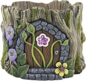 Heavy Cement Plant Pot - Fairy Door Log planter - Glitter Flower & Vines - 20cm