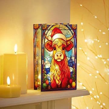 Highland Cow - Festive Stained Glass Window Light - with 25 warm white LED lights