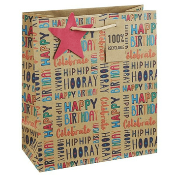 Hip Hip Hooray Kraft Birthday - Gift Bag Medium