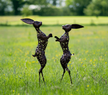 Large Bronze Boxing Hares Garden Sculpture - 100cm