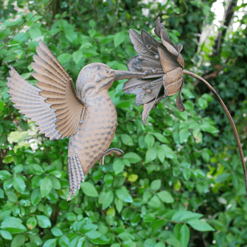 Large Garden Hummingbird Stake  - Aged Metal .