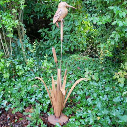 Large Garden Kingfisher in the Reeds  - Aged Metal -  101cm.