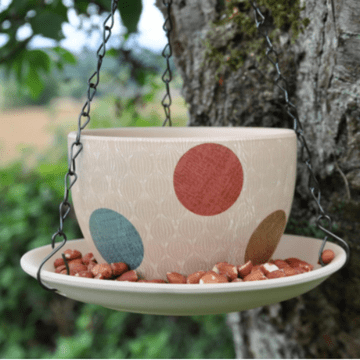 Large Hand painted Clay Teacup Bird feeder/Hanging Fairy Garden - 17cm