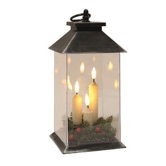 LED Festive Lantern with 3 Flickering Candles - Black - 28cm.