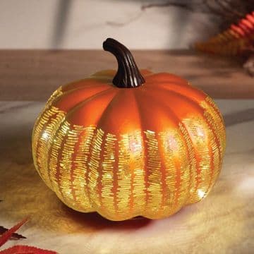 LED - Glass inlit Pumpkin Candle -with Timer - 16cm Tall