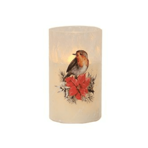 LED Robin & Poinsettia  Flickering Candle - 12cm.