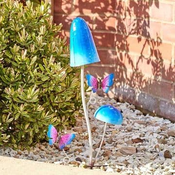 Metal Funky Fungi Garden Stakes - Blue with Butterflies
