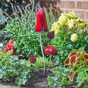 Metal Funky Fungi Garden Stakes - Red with Ladybirds