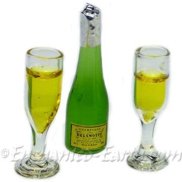 Miniature Champagne Bottle and two Flutes