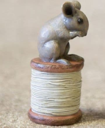 Mouse on a cotton reel - resin ornament - 9cm