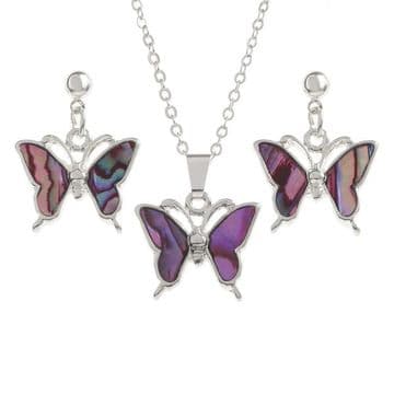 Natural Paua Shell - Butterfly Necklace & Earring Gift Set - Pink