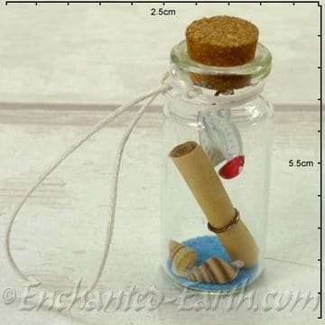 Nautical Bottle - Miniature bottle with Metal Boat charm, Blue sand & shells & scroll - 5cm