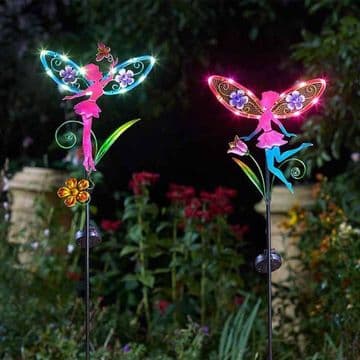 Pair of tall Metal LED Solar Fairy Wings - Fairy Light Stakes - 91cm tall