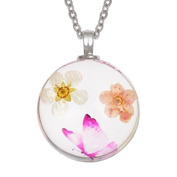Pink butterfly & dried flowers set in a glass pendant - 18