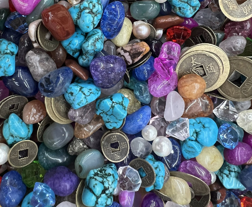 Pirate Treasure - Bag of Polished Tumbled Gemstone, Gems & Coins.
