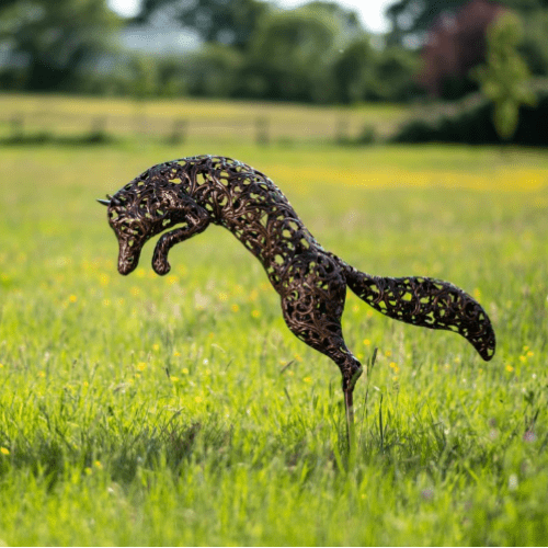 Bronze Leaping Fox Garden Sculpture - 100cm.