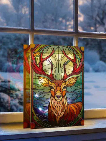 Pre Order - Stag- Festive Stained Glass Window Light - with 50 warm white LED lights