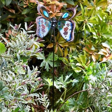 Pretty Glass Butterfly Garden Stakes - Hand Painted - Blue