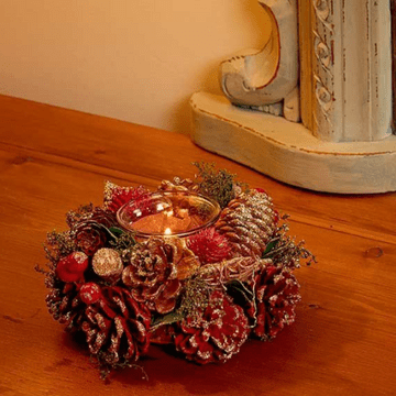 Ruby Red & Gold Sparkle Christmas Candle Holder - 15cm