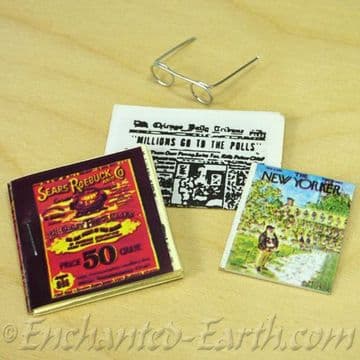 Set of 4 Hand made Miniature newspapers, magazines & Reading Glasses