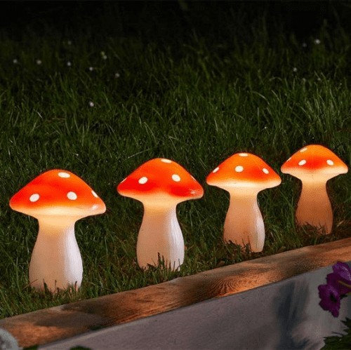 Set of 4 LED - Solar Light-up Toadstool Stake Lights.