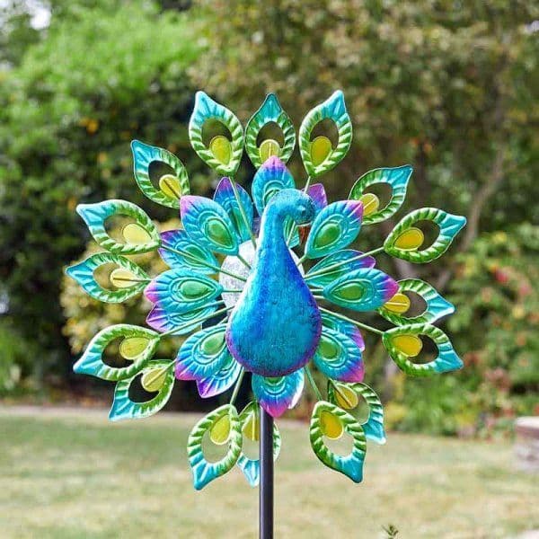 Solar Colour Changing LED - Peacock  Kinetic  Wind Spinner  - 130cm.