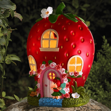 Strawberry Manor - Solar - LED  light up Fairy House -